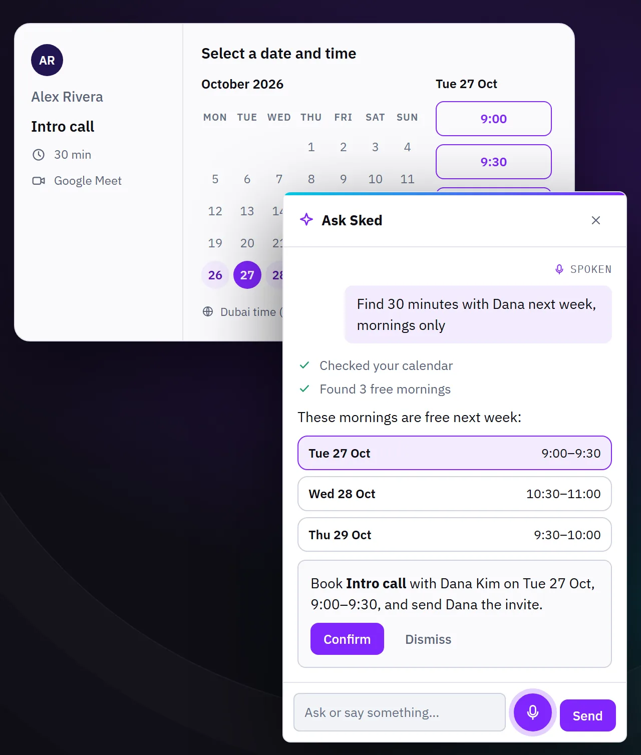 Sked's booking page with the Ask Sked panel suggesting three free mornings.